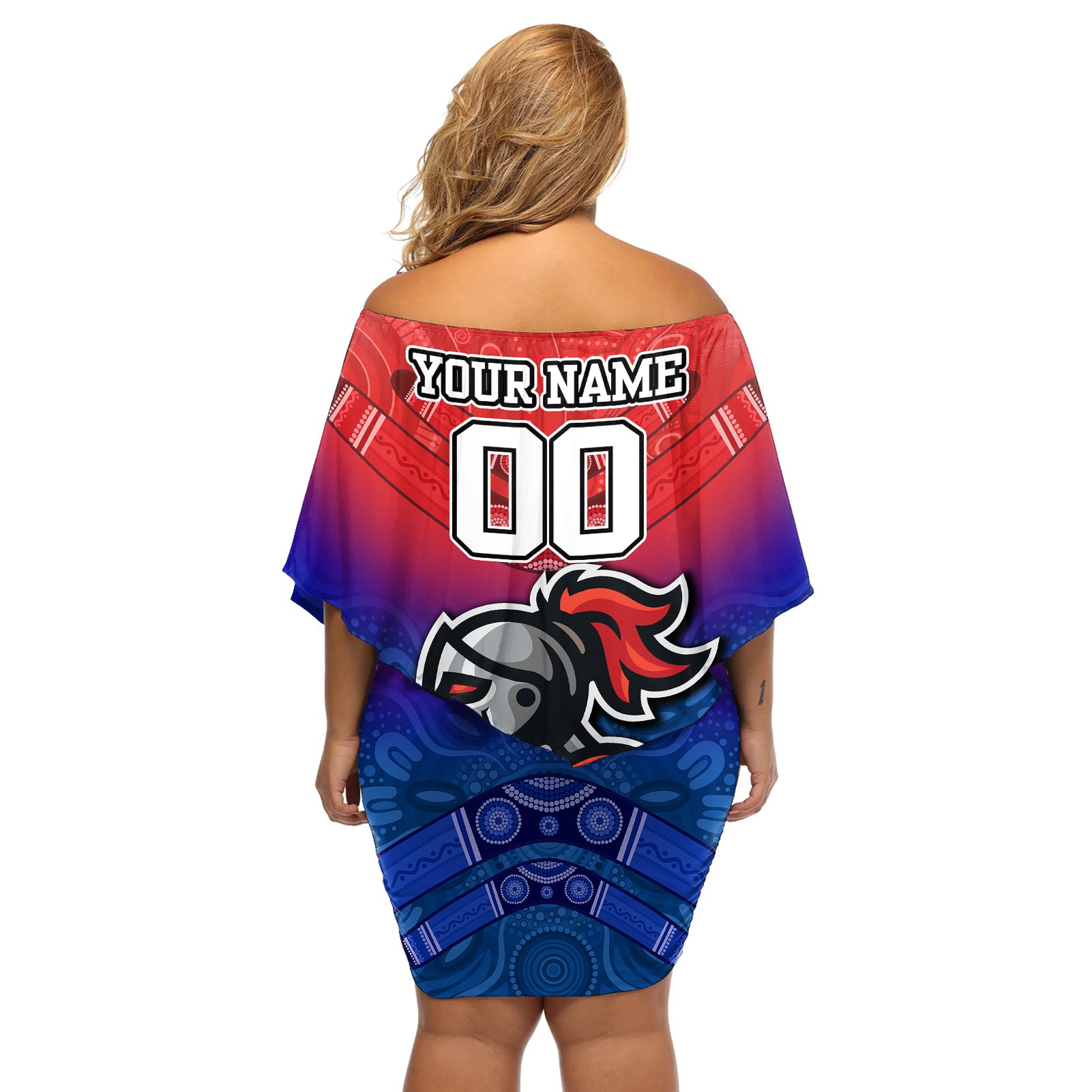 custom-knights-permier-2023-off-shoulder-short-dress-nrl-mascot-with-aboriginal