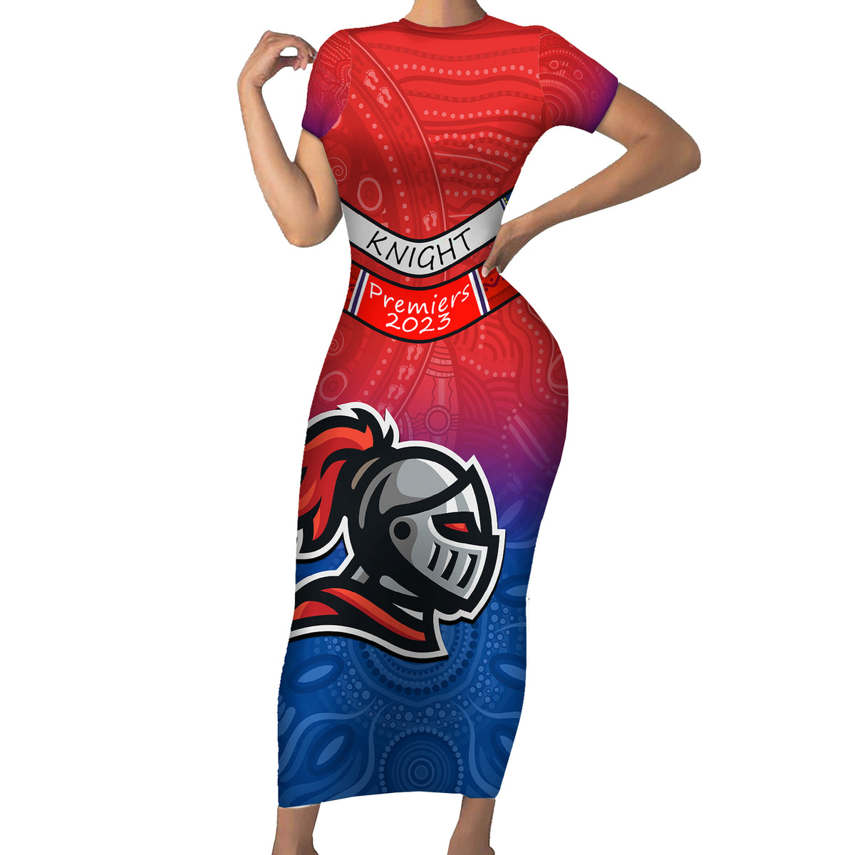custom-knights-permier-2023-short-sleeve-bodycon-dress-nrl-mascot-with-aboriginal