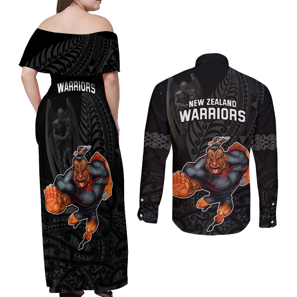 warriors-permier-2023-couples-matching-off-shoulder-maxi-dress-and-long-sleeve-button-shirts-the-wahs-mascot-with-maori-tattoo