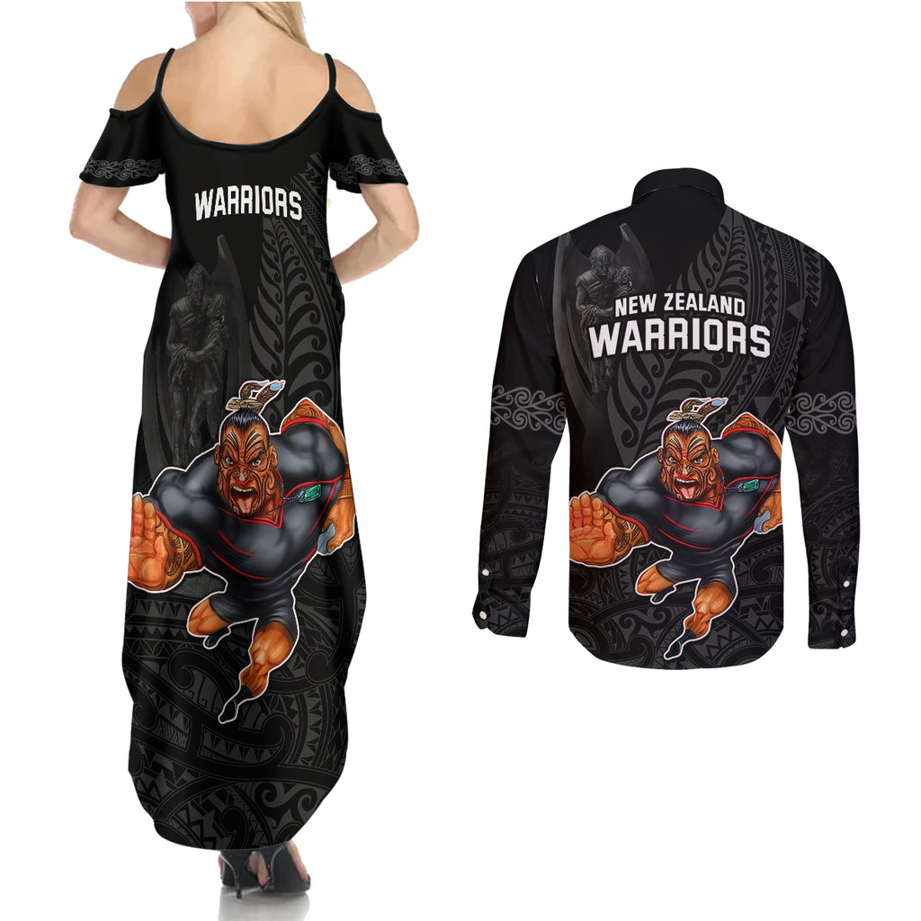 warriors-permier-2023-couples-matching-summer-maxi-dress-and-long-sleeve-button-shirts-the-wahs-mascot-with-maori-tattoo