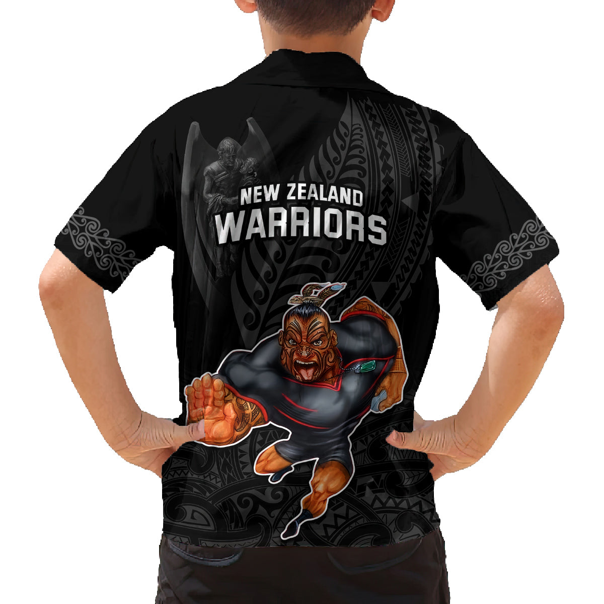 warriors-permier-2023-family-matching-off-shoulder-short-dress-and-hawaiian-shirt-the-wahs-mascot-with-maori-tattoo