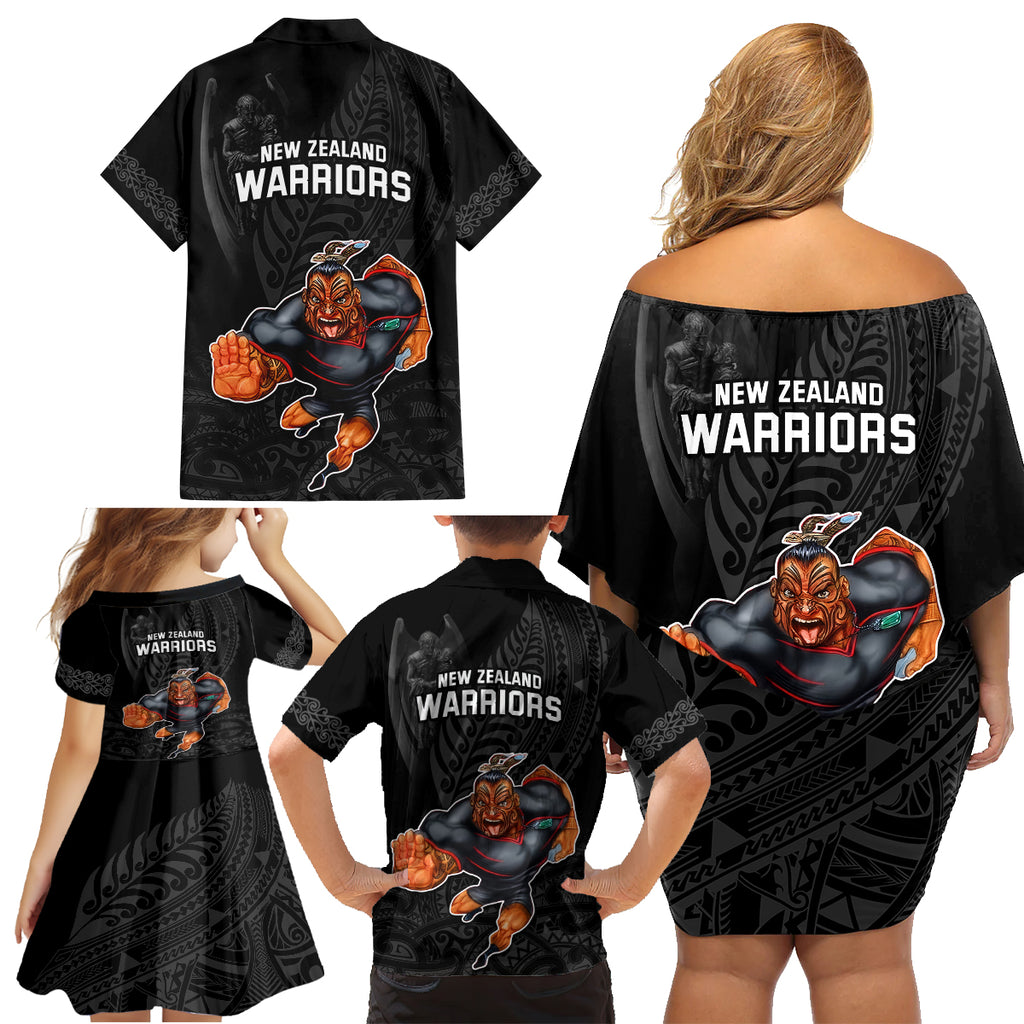 warriors-permier-2023-family-matching-off-shoulder-short-dress-and-hawaiian-shirt-the-wahs-mascot-with-maori-tattoo