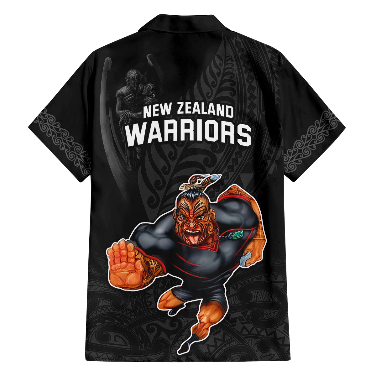 warriors-permier-2023-family-matching-off-shoulder-short-dress-and-hawaiian-shirt-the-wahs-mascot-with-maori-tattoo