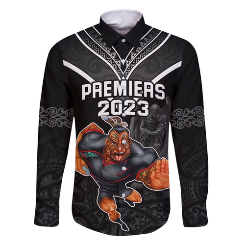 warriors-permier-2023-family-matching-off-shoulder-short-dress-and-hawaiian-shirt-the-wahs-mascot-with-maori-tattoo