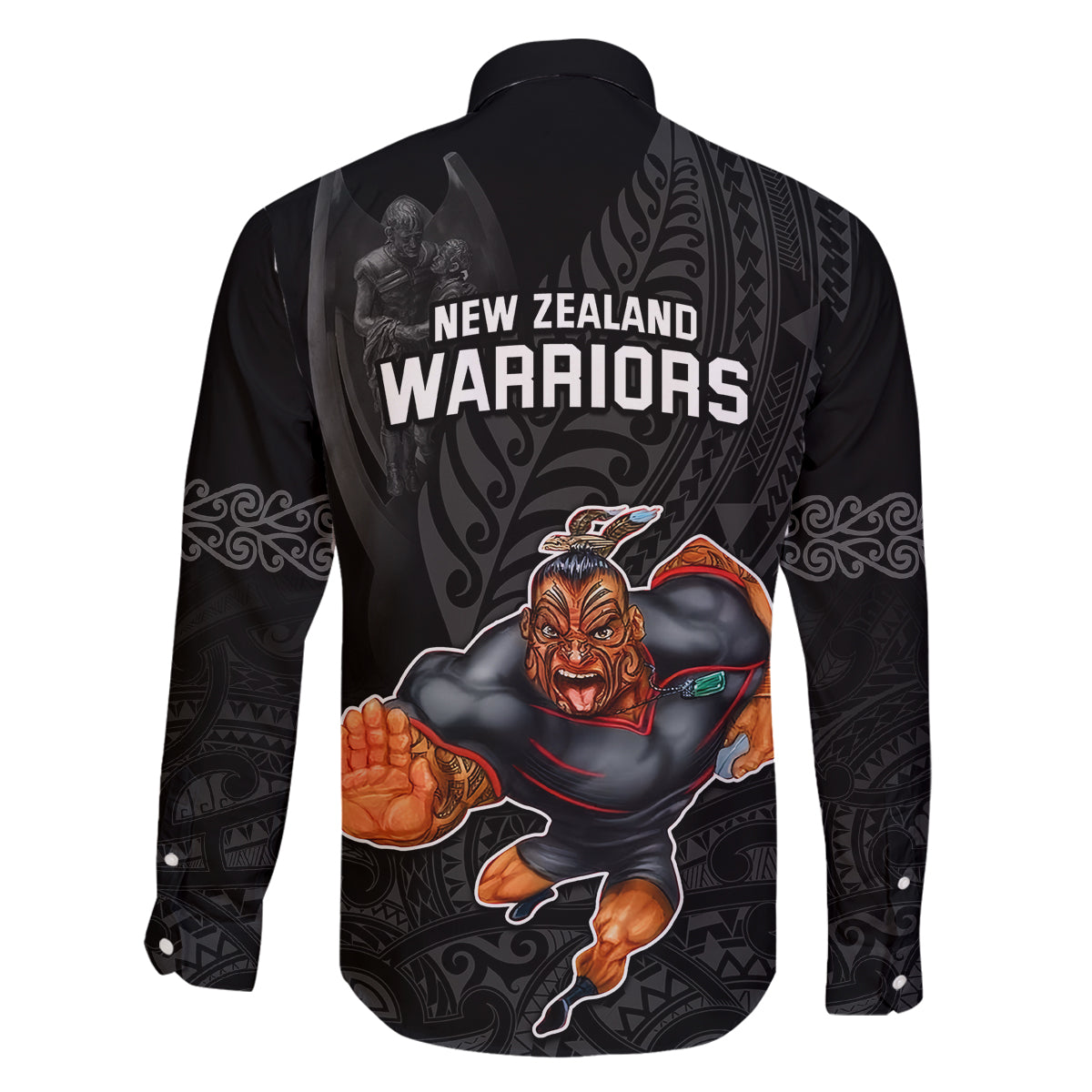 warriors-permier-2023-family-matching-off-shoulder-short-dress-and-hawaiian-shirt-the-wahs-mascot-with-maori-tattoo