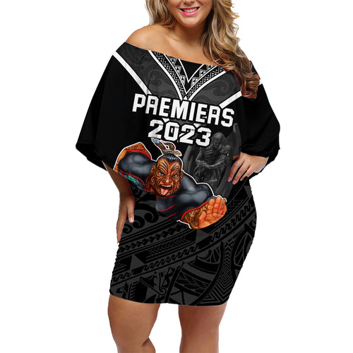 warriors-permier-2023-family-matching-off-shoulder-short-dress-and-hawaiian-shirt-the-wahs-mascot-with-maori-tattoo