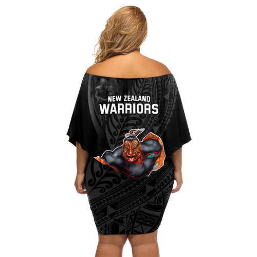 warriors-permier-2023-family-matching-off-shoulder-short-dress-and-hawaiian-shirt-the-wahs-mascot-with-maori-tattoo