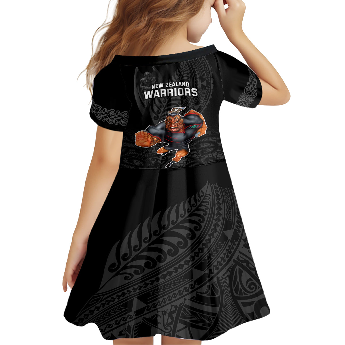 warriors-permier-2023-kid-short-sleeve-dress-the-wahs-mascot-with-maori-tattoo