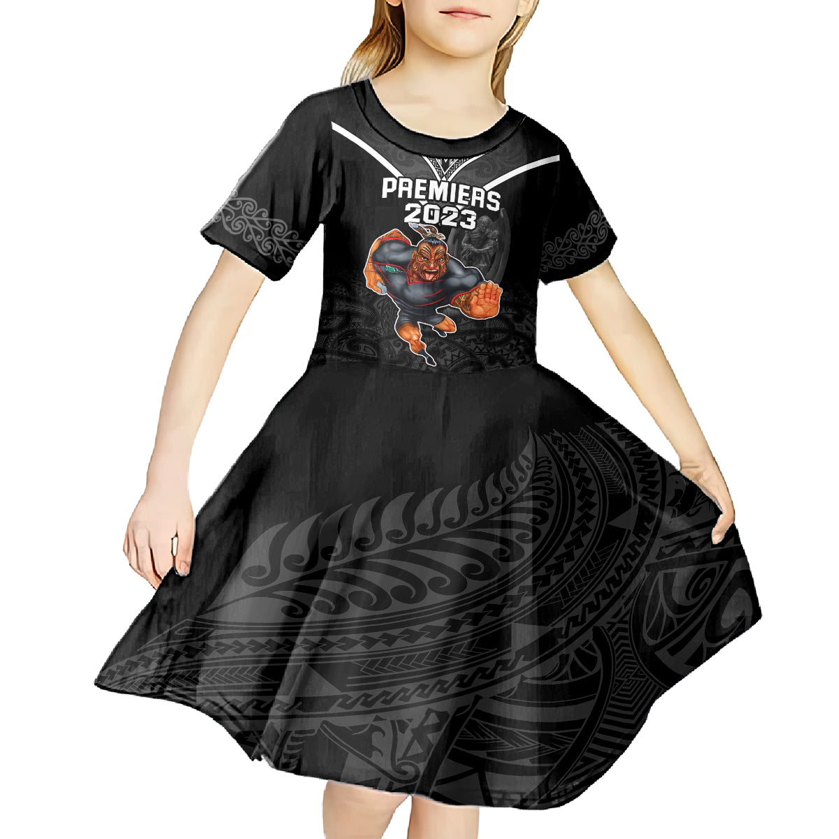 warriors-permier-2023-kid-short-sleeve-dress-the-wahs-mascot-with-maori-tattoo