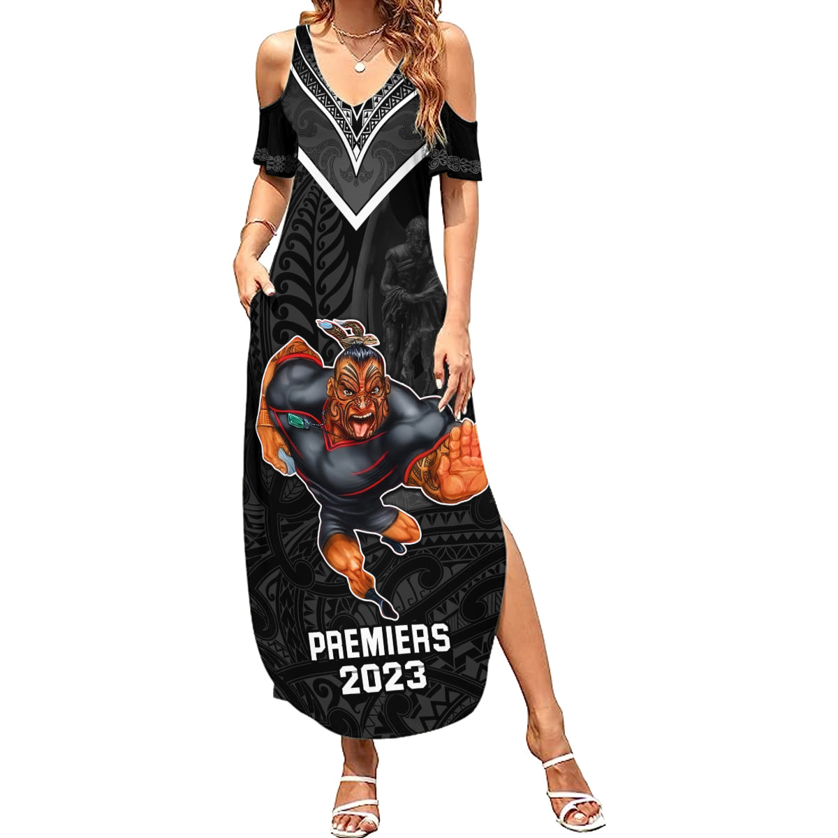 warriors-permier-2023-summer-maxi-dress-the-wahs-mascot-with-maori-tattoo