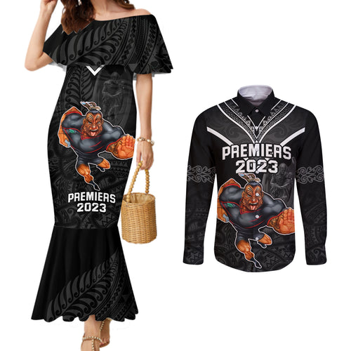 custom-warriors-permier-2023-couples-matching-mermaid-dress-and-long-sleeve-button-shirts-the-wahs-mascot-with-maori-tattoo