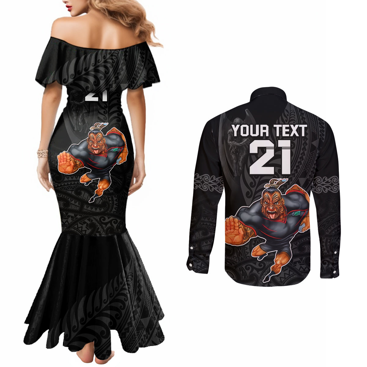 custom-warriors-permier-2023-couples-matching-mermaid-dress-and-long-sleeve-button-shirts-the-wahs-mascot-with-maori-tattoo