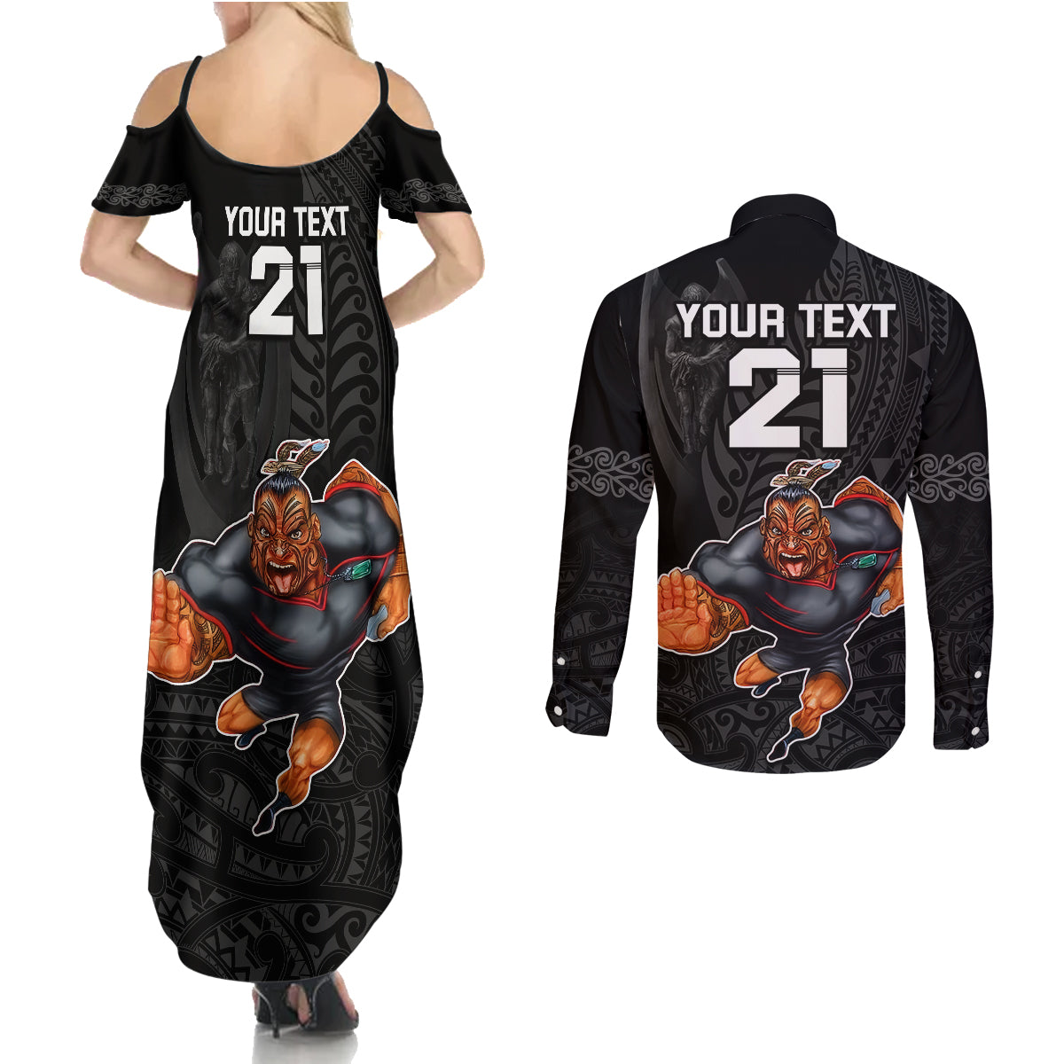 custom-warriors-permier-2023-couples-matching-summer-maxi-dress-and-long-sleeve-button-shirts-the-wahs-mascot-with-maori-tattoo