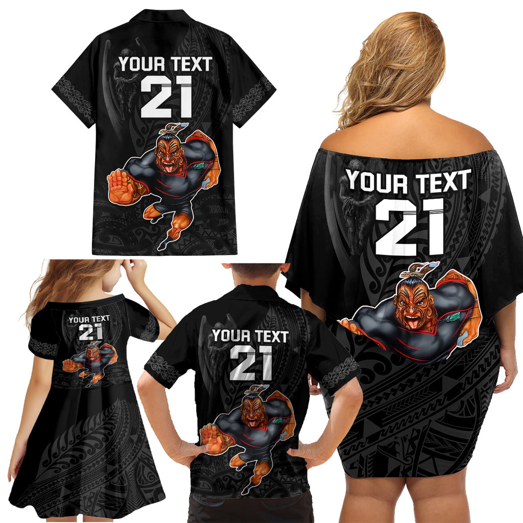 custom-warriors-permier-2023-family-matching-off-shoulder-short-dress-and-hawaiian-shirt-the-wahs-mascot-with-maori-tattoo