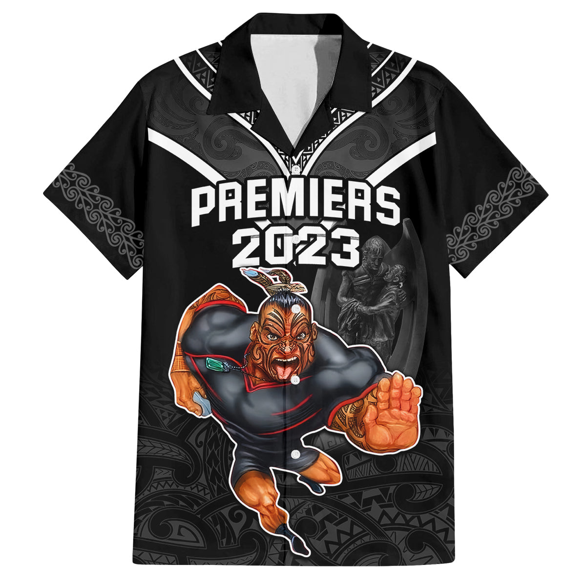 custom-warriors-permier-2023-family-matching-off-shoulder-short-dress-and-hawaiian-shirt-the-wahs-mascot-with-maori-tattoo