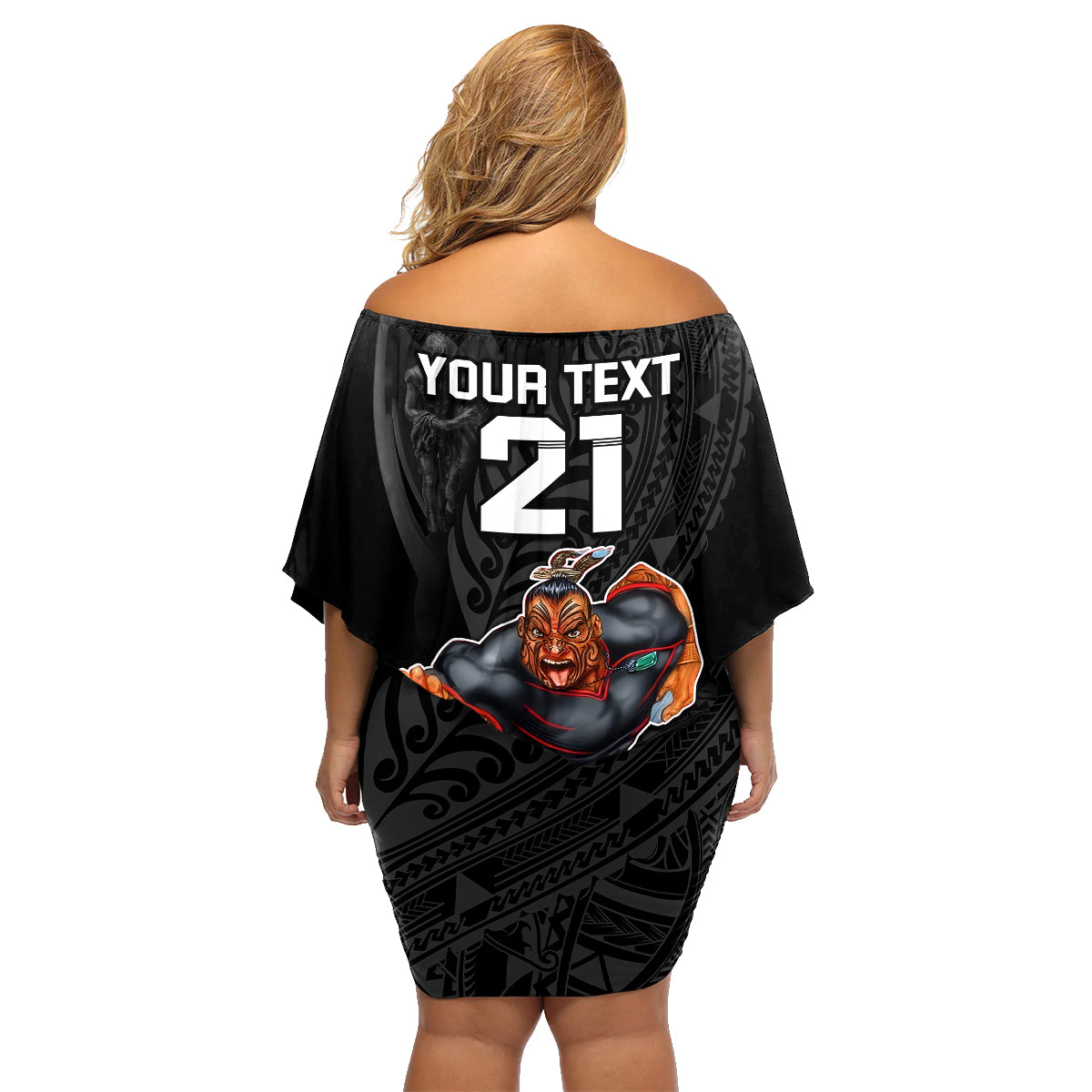 custom-warriors-permier-2023-family-matching-off-shoulder-short-dress-and-hawaiian-shirt-the-wahs-mascot-with-maori-tattoo