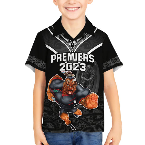 custom-warriors-permier-2023-family-matching-off-shoulder-short-dress-and-hawaiian-shirt-the-wahs-mascot-with-maori-tattoo