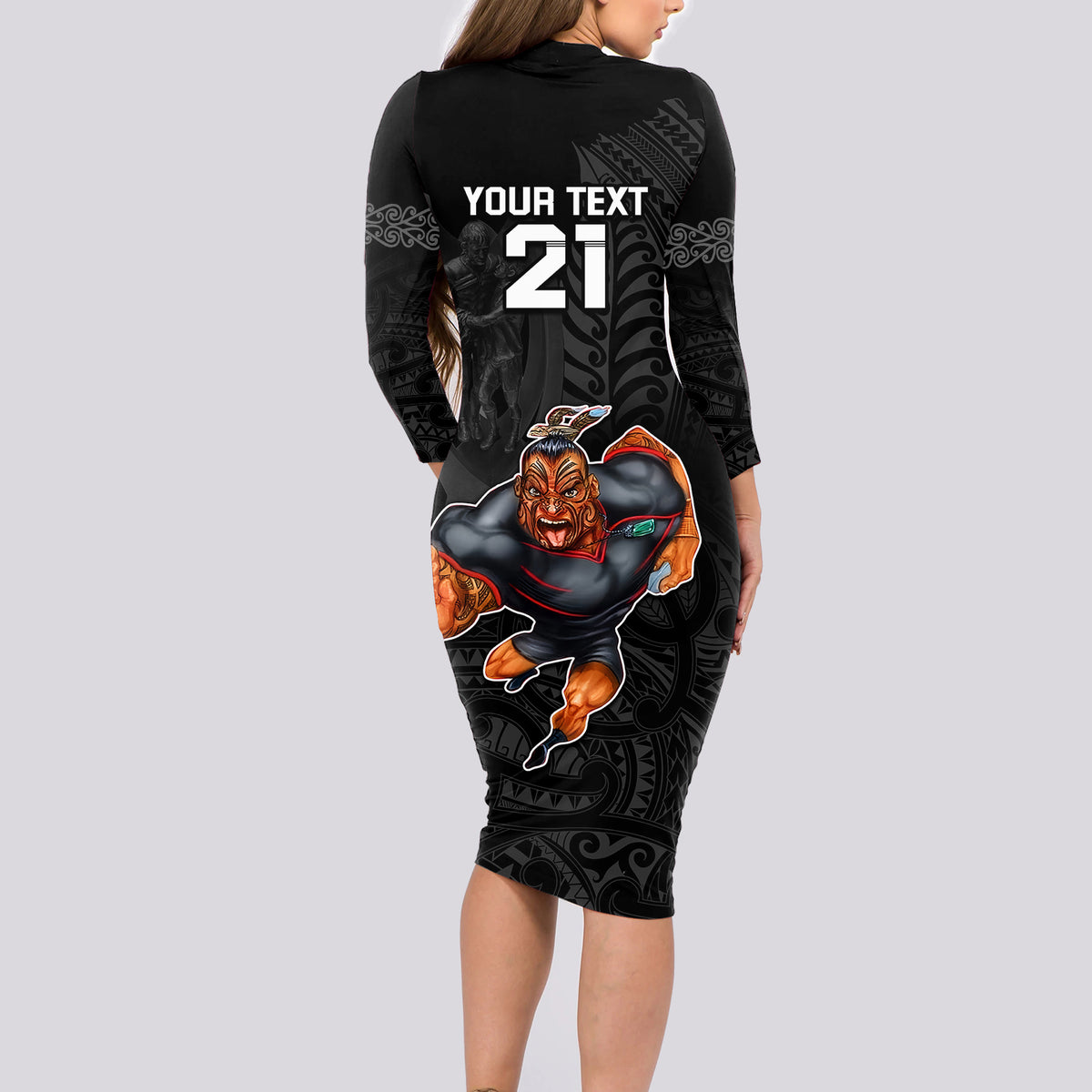 custom-warriors-permier-2023-long-sleeve-bodycon-dress-the-wahs-mascot-with-maori-tattoo
