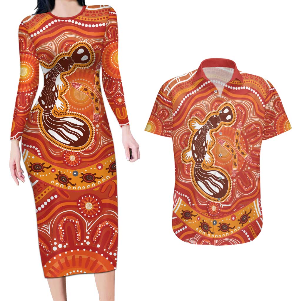 Aboriginal Goanna Art Couples Matching Long Sleeve Bodycon Dress and Hawaiian Shirt Native Australian Animals