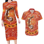 Aboriginal Goanna Art Couples Matching Long Sleeve Bodycon Dress and Hawaiian Shirt Native Australian Animals