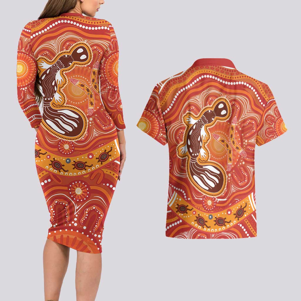 Aboriginal Goanna Art Couples Matching Long Sleeve Bodycon Dress and Hawaiian Shirt Native Australian Animals