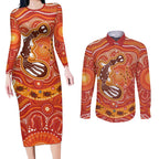 Aboriginal Goanna Art Couples Matching Long Sleeve Bodycon Dress and Long Sleeve Button Shirt Native Australian Animals