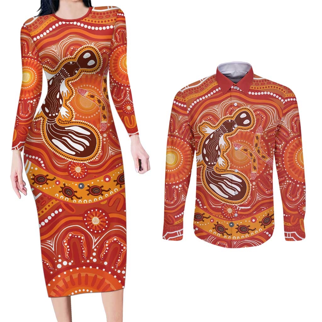 Aboriginal Goanna Art Couples Matching Long Sleeve Bodycon Dress and Long Sleeve Button Shirt Native Australian Animals