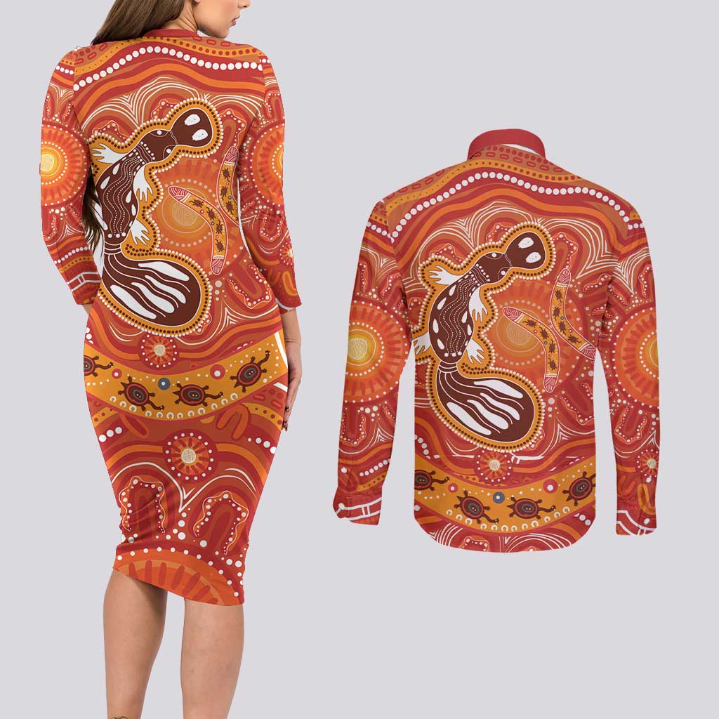 Aboriginal Goanna Art Couples Matching Long Sleeve Bodycon Dress and Long Sleeve Button Shirt Native Australian Animals