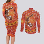 Aboriginal Goanna Art Couples Matching Long Sleeve Bodycon Dress and Long Sleeve Button Shirt Native Australian Animals