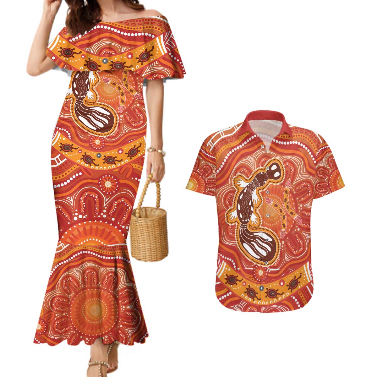 Aboriginal Goanna Art Couples Matching Mermaid Dress and Hawaiian Shirt Native Australian Animals
