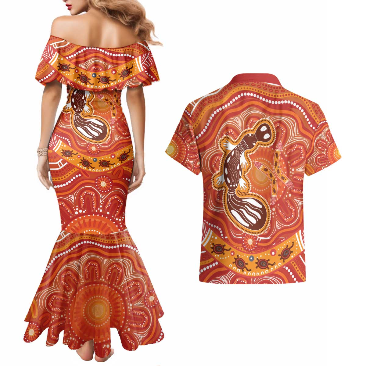 Aboriginal Goanna Art Couples Matching Mermaid Dress and Hawaiian Shirt Native Australian Animals