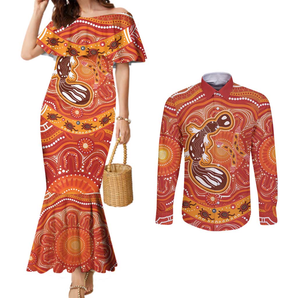 Aboriginal Goanna Art Couples Matching Mermaid Dress and Long Sleeve Button Shirt Native Australian Animals