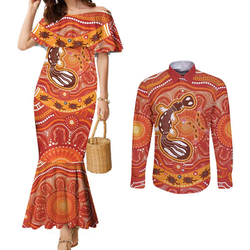 Aboriginal Goanna Art Couples Matching Mermaid Dress and Long Sleeve Button Shirt Native Australian Animals