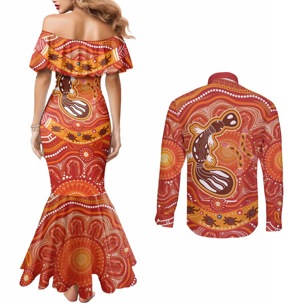 Aboriginal Goanna Art Couples Matching Mermaid Dress and Long Sleeve Button Shirt Native Australian Animals