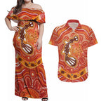 Aboriginal Goanna Art Couples Matching Off Shoulder Maxi Dress and Hawaiian Shirt Native Australian Animals