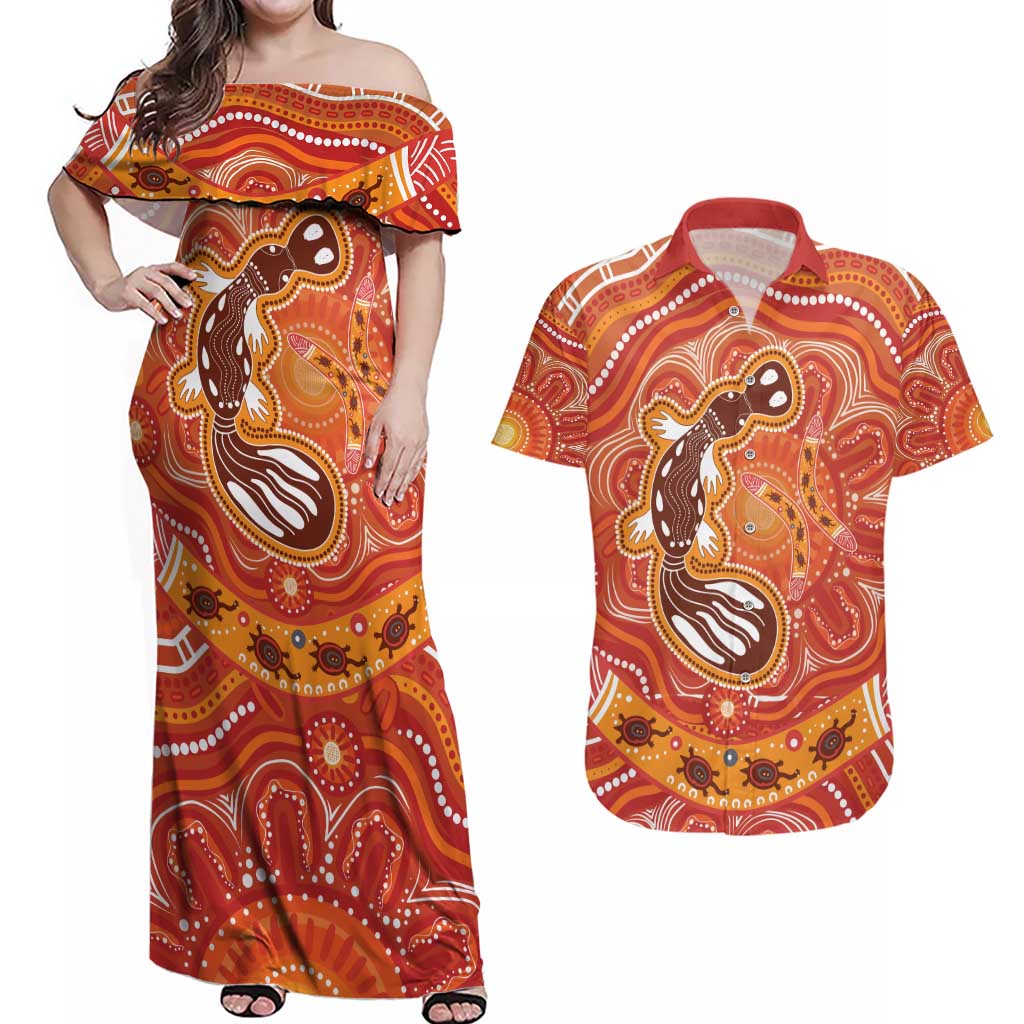 Aboriginal Goanna Art Couples Matching Off Shoulder Maxi Dress and Hawaiian Shirt Native Australian Animals