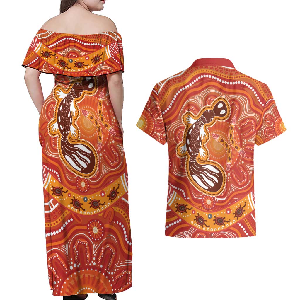 Aboriginal Goanna Art Couples Matching Off Shoulder Maxi Dress and Hawaiian Shirt Native Australian Animals