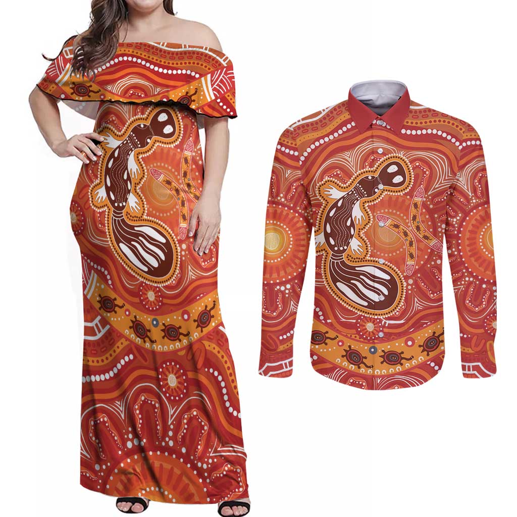 Aboriginal Goanna Art Couples Matching Off Shoulder Maxi Dress and Long Sleeve Button Shirt Native Australian Animals
