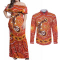 Aboriginal Goanna Art Couples Matching Off Shoulder Maxi Dress and Long Sleeve Button Shirt Native Australian Animals