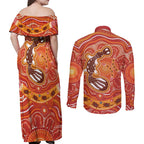 Aboriginal Goanna Art Couples Matching Off Shoulder Maxi Dress and Long Sleeve Button Shirt Native Australian Animals