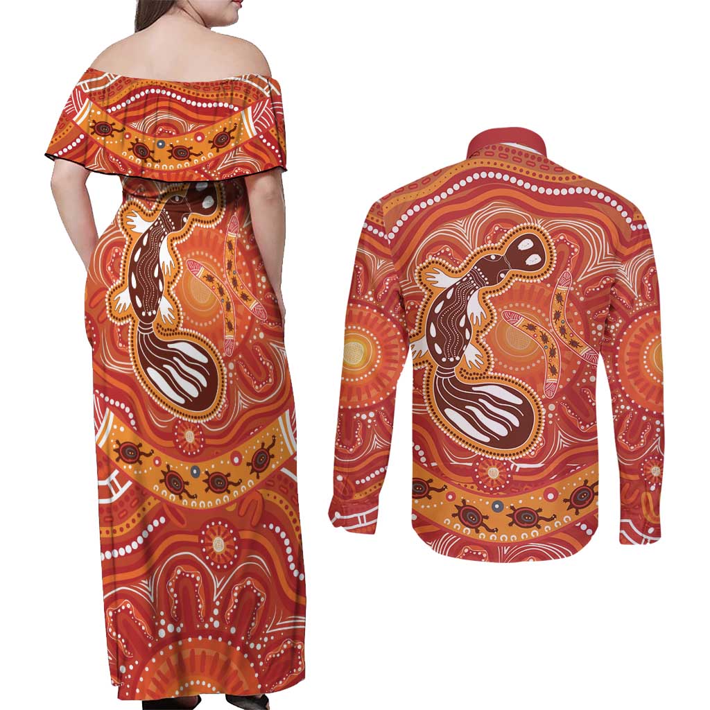 Aboriginal Goanna Art Couples Matching Off Shoulder Maxi Dress and Long Sleeve Button Shirt Native Australian Animals