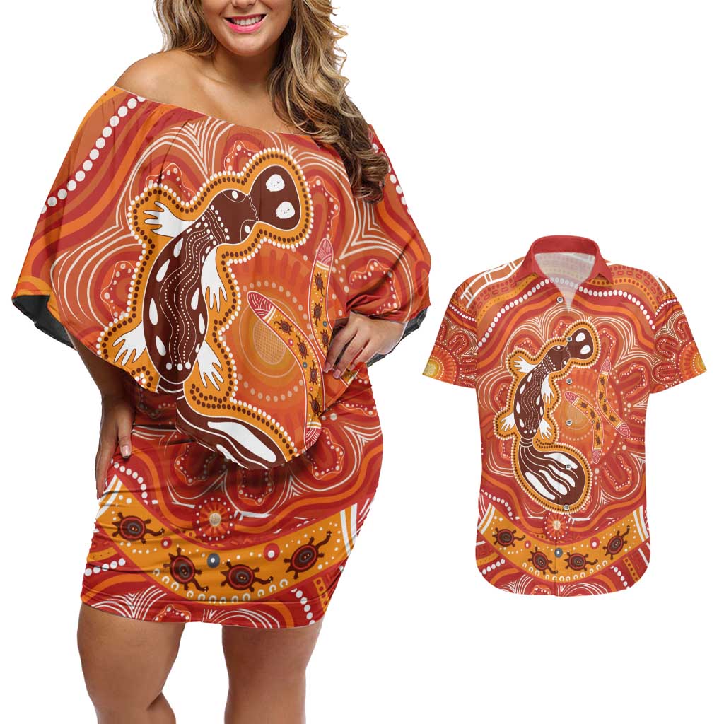 Aboriginal Goanna Art Couples Matching Off Shoulder Short Dress and Hawaiian Shirt Native Australian Animals