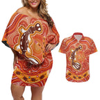 Aboriginal Goanna Art Couples Matching Off Shoulder Short Dress and Hawaiian Shirt Native Australian Animals