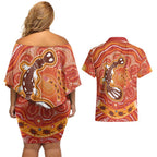 Aboriginal Goanna Art Couples Matching Off Shoulder Short Dress and Hawaiian Shirt Native Australian Animals