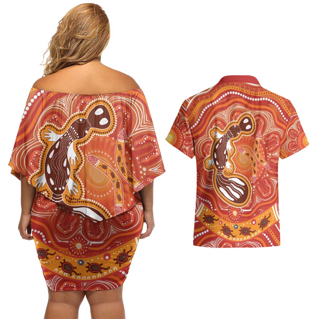 Aboriginal Goanna Art Couples Matching Off Shoulder Short Dress and Hawaiian Shirt Native Australian Animals