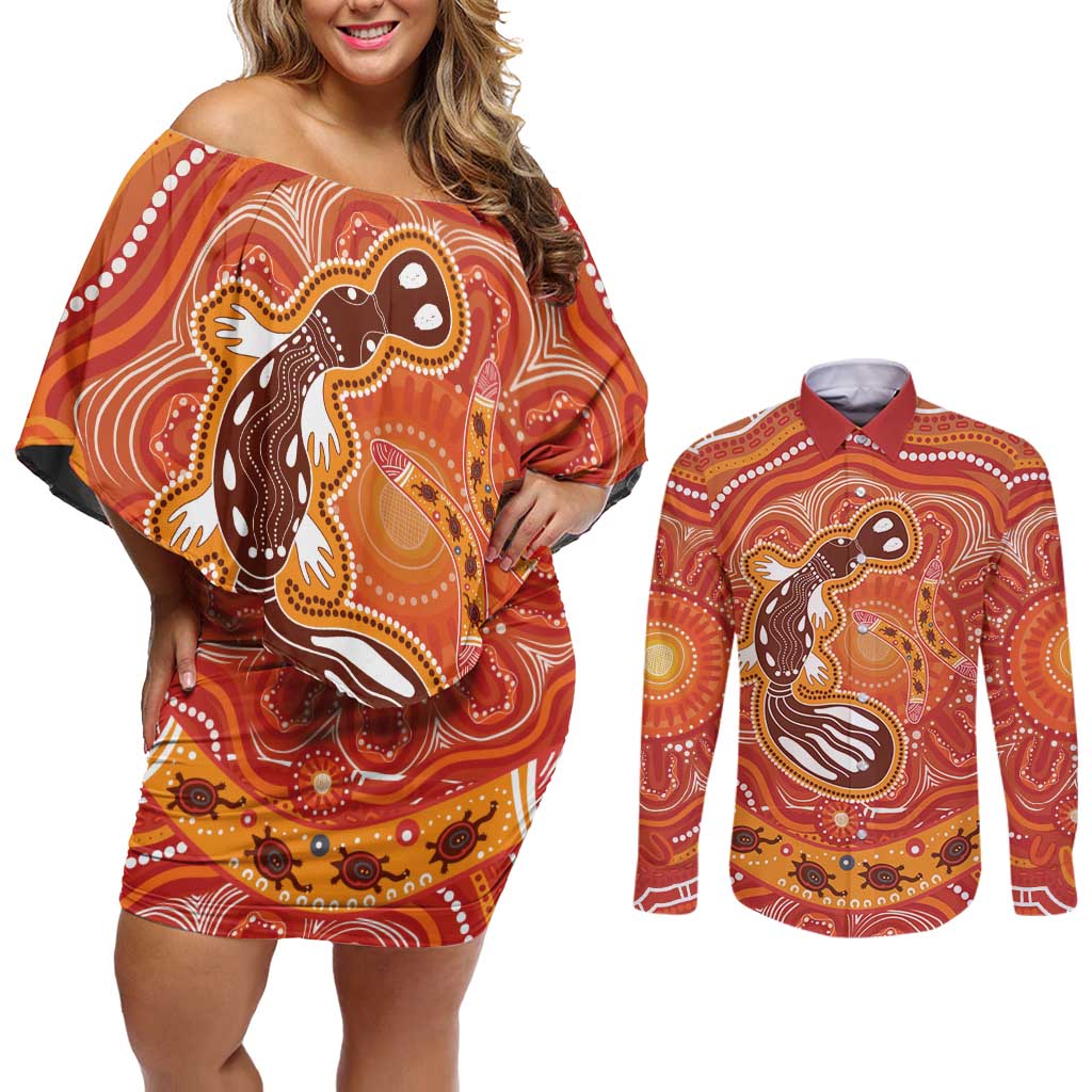 Aboriginal Goanna Art Couples Matching Off Shoulder Short Dress and Long Sleeve Button Shirt Native Australian Animals