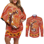 Aboriginal Goanna Art Couples Matching Off Shoulder Short Dress and Long Sleeve Button Shirt Native Australian Animals