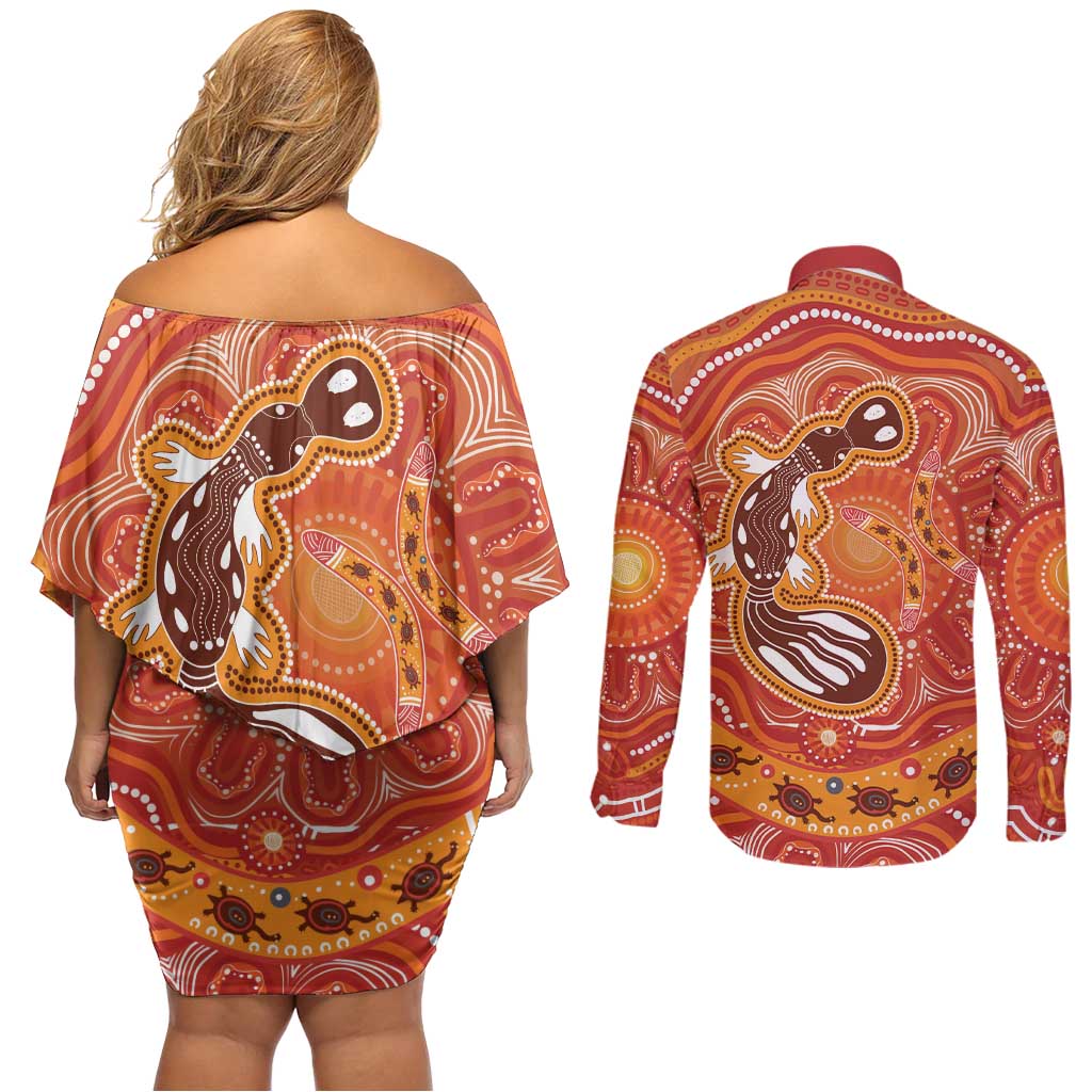 Aboriginal Goanna Art Couples Matching Off Shoulder Short Dress and Long Sleeve Button Shirt Native Australian Animals