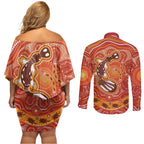 Aboriginal Goanna Art Couples Matching Off Shoulder Short Dress and Long Sleeve Button Shirt Native Australian Animals