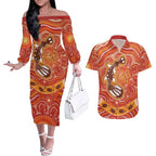 Aboriginal Goanna Art Couples Matching Off The Shoulder Long Sleeve Dress and Hawaiian Shirt Native Australian Animals